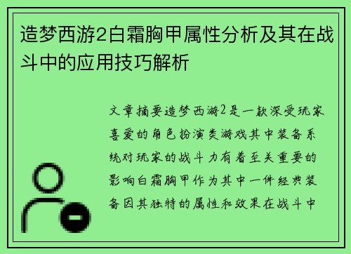 造梦西游2白霜胸甲属性分析及其在战斗中的应用技巧解析